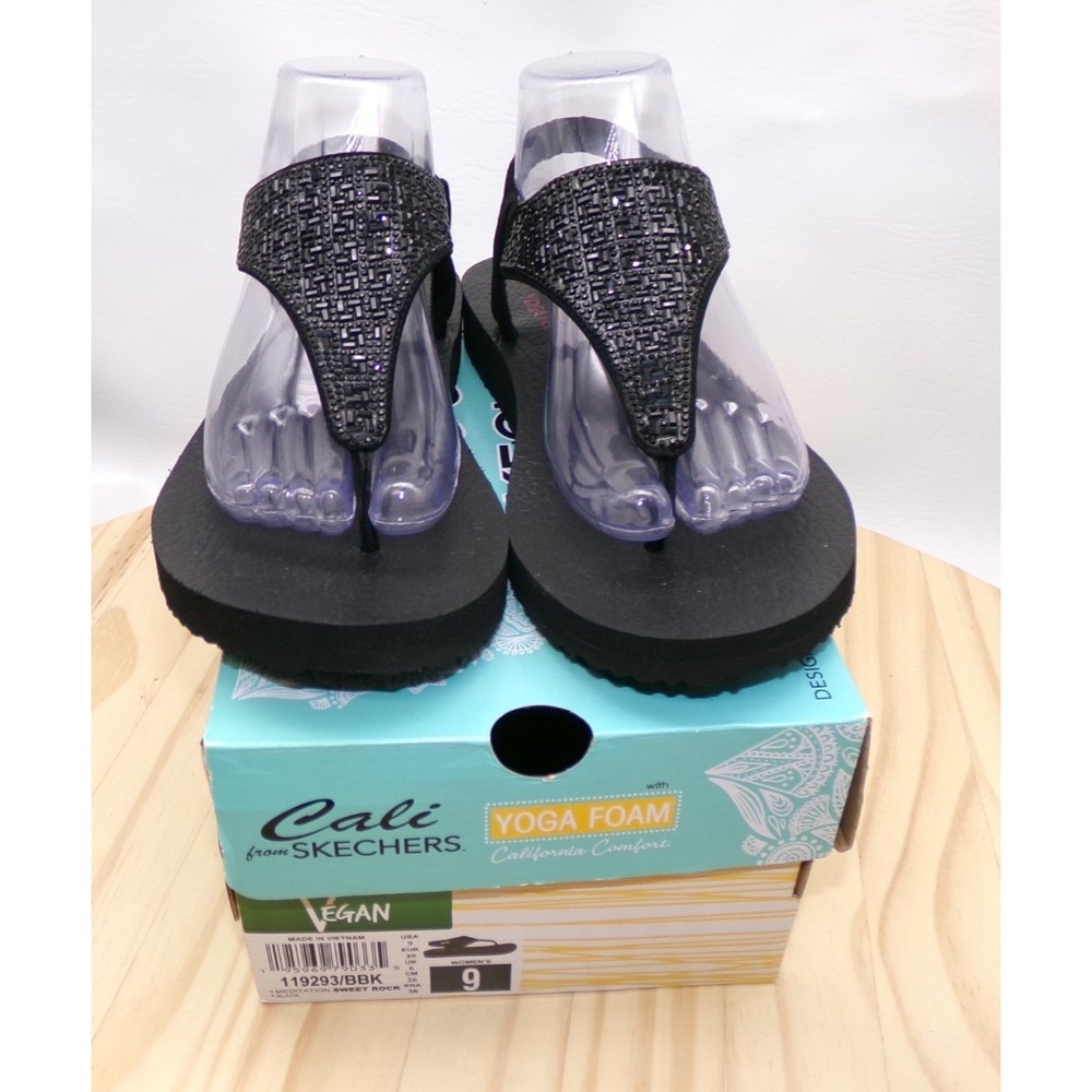 Cali Skechers Meditation Sweet Rock Thong Sandals Womens Black Size 9 Yoga NEW